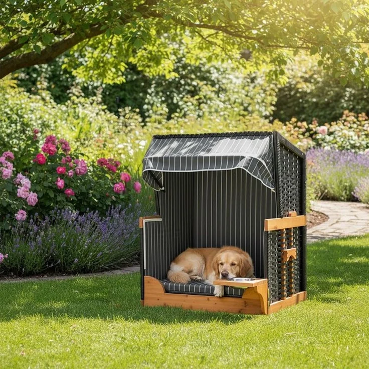 Hundestrandkorb Holz & Rattan inkl. Napf 10053176_469 – Bild 2