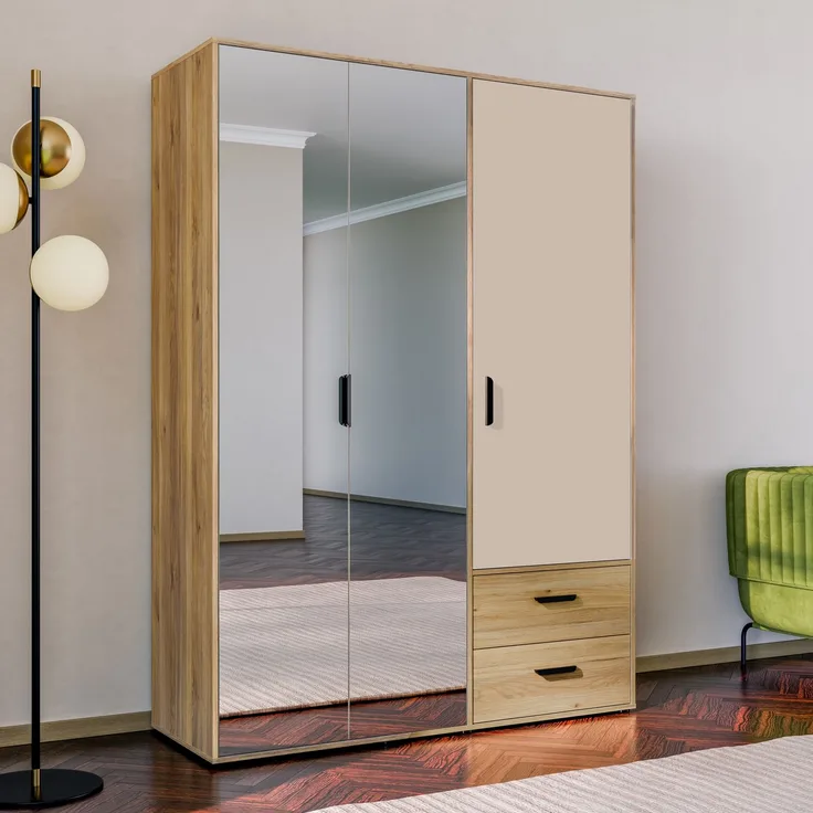 Forte MOKKARO Kleiderschrank 140 150, moderner Drehtürenschrank, 3-türig, 2 Schubladen, Spiegel, Mauvella Eiche Holzdekor|Kaschmir Beige, 144,4 cm breit x 200,1 cm hoch x 52,7 cm tief