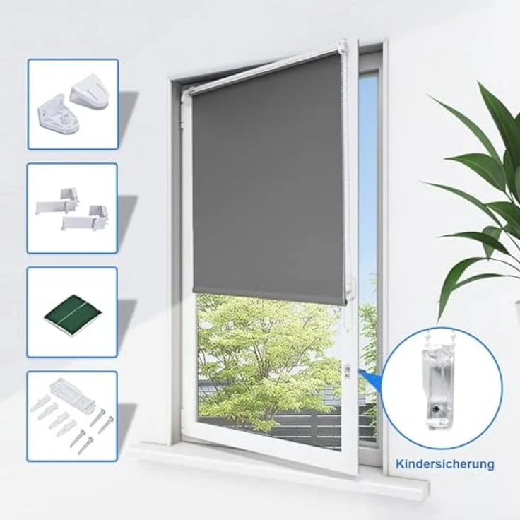 Verdunklungsrollo ohne Bohren Rollos für Fenster B70 x H170 cm (Stoffbreite 65cm) Dunkelgrau Thermo Rollo Klemmfix Verdunkelungsrollo Seitenzugrollo Sicht-und Sonnenschutz Wandmontage – Bild 4