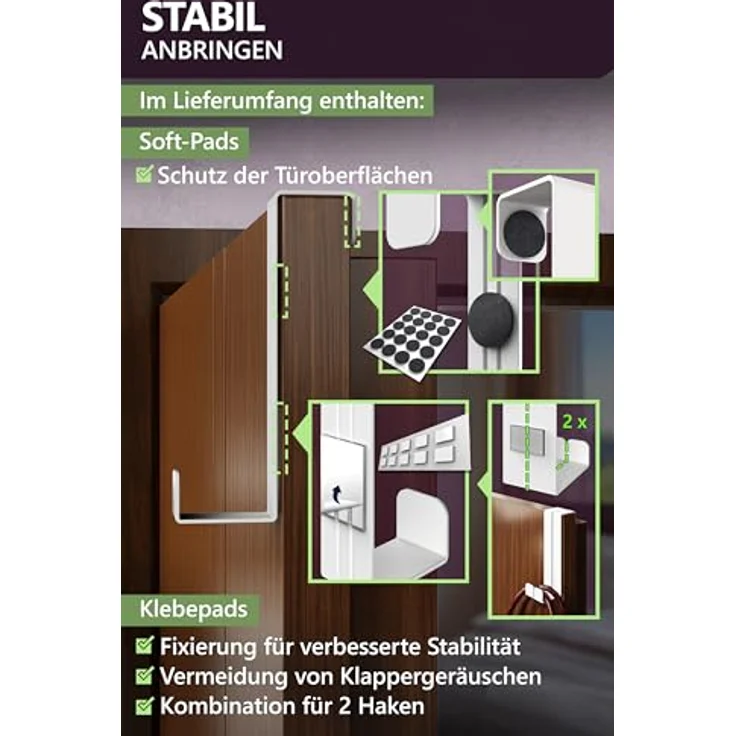 4smile Türhaken zum Einhängen - 10er Set, Fb. Weiß - Solide Kleiderhaken Tür für die ganze Wohnung, flexible Haken zum Einhängen, belastbare Türhakenleiste, universelle Türgarderobe – Bild 7