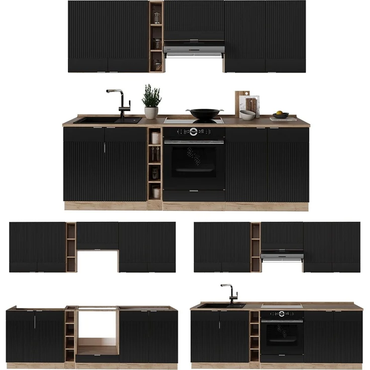 Küchenzeile Fame-Line Schwarz gestreift/Goldkraft Eiche 235 cm ohne Arbeitsplatte Vicco – Bild 6