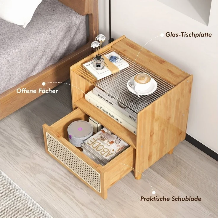 COSTWAY Nachttisch (1-St), Rattan Beistelltisch, mit Glastischplatte, aus Bambus – Bild 3