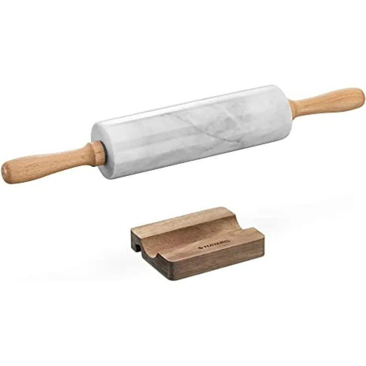 Navaris Nudelholz Teigroller und Ablage - Marmor Stein Nudelrolle mit Holzgriffen Marmor, (1-tlg)