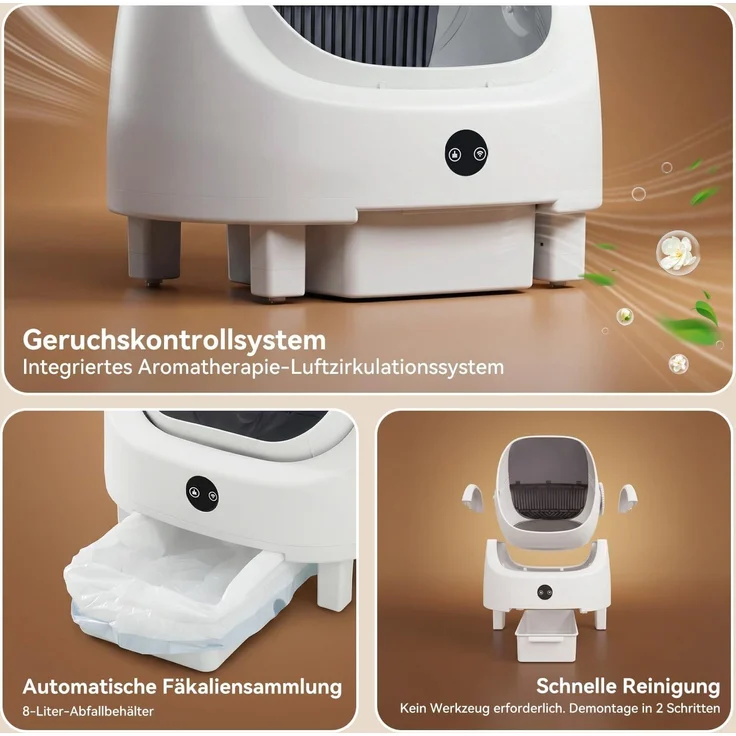 Aoxun Selbstreinigende Katzentoilette, Katzenklo Selbstreinigend mit Sicherheits Geruchskontrolle, Automatischer App-Steuerung für Katzen, Inklusive Katzenstreumatte,Müllbeutel und Duftbox, Weiß – Bild 9