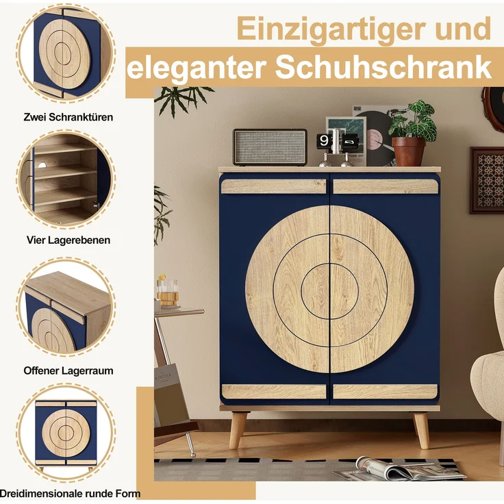 Schuhschrank 76cm×37cm×98.5cm kreisrunde Türen Blau Natur mehrstufig bis 40 kg – Bild 7