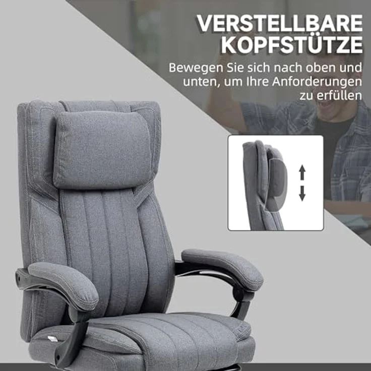Vinsetto Bürostuhl mit Massagefunktion, Höhenverstellbar, Leinenoptik mit ausziehbarer Fußstütze und hoher Rückenlehne – Bild 7