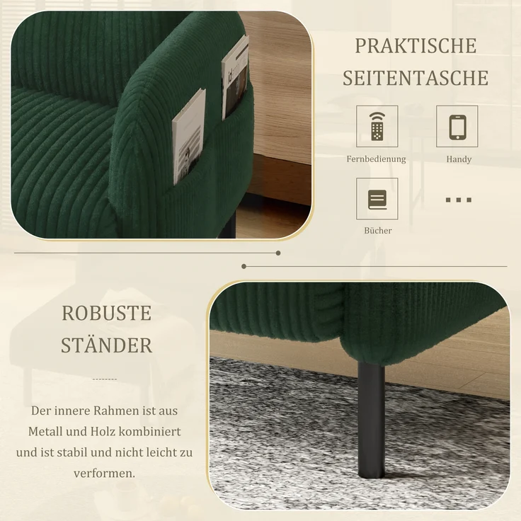 LVHOM Sessel mit Seitentaschen, Relaxsessel Cordstoff, Polstersessel Lehnstuhl Wohnzimmersessel mit Metallbeine – Bild 7