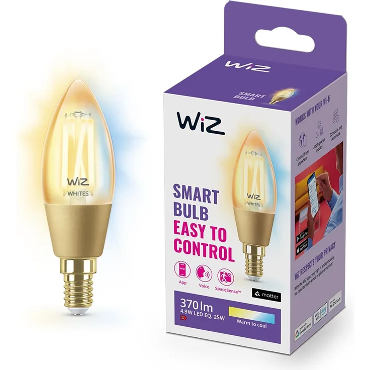 WiZ Tunable White Amber LED Lampe, Kerzenform, E14, 4,9 W, Vintage Design, dimmbar, warm- bis kaltweiß, smarte Steuerung per App/Stimme über WLAN