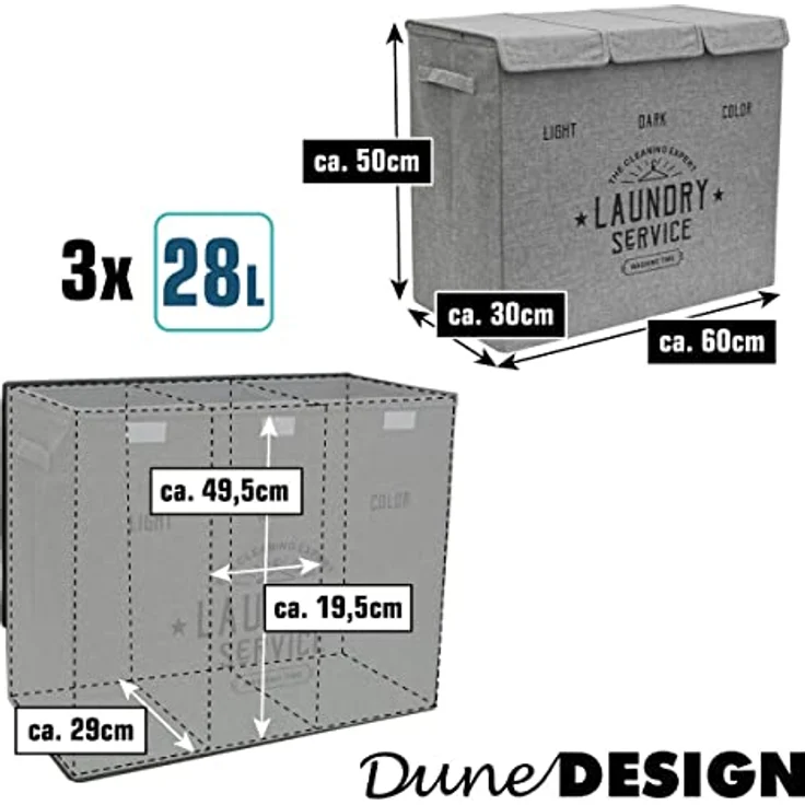 DuneDesign Wäschekorb 84 Liter, faltbar mit Deckel und 3 Fächern in Beige, wasserabweisend und stabil – Bild 9