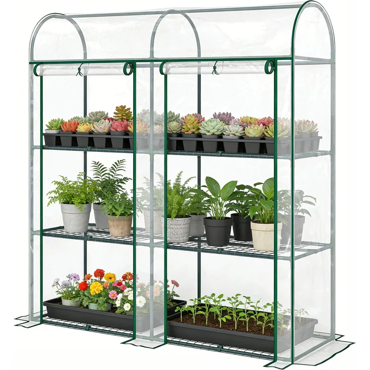 MELAYR, Kleines Gewächshaus mit 3 Etagen, 2 Rolltüren, Stahlrahmen, Kunststoffabdeckung, 143 x 46 x 164 cm, Transparent – Bild 2