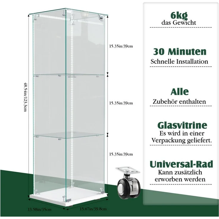 Simurq Glasvitrine Standvitrinen mit LED Beleuchtung, 3 Lagen Vitrinenschrank mit Glastür (1-St, Glas Vitrine mit 1 Glastür und 3 Lagen, Glasschrank mit Schloss) Sammlervitrine für Sammlerstücke, Modernes rahmenloses Design – Bild 2