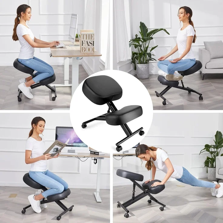 Kniestuhl Ergonomischer, Verstellbarer Kniehocker Stuhl für Büro, Metallgestell + Leder Bürostuhl Sitzhocker mit Knieablage, Rollen, 3" Kissen, Hocker zu Verbessert Haltung & Rückenschmerzen – Bild 3