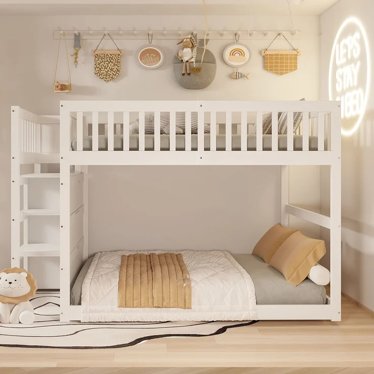Merax Etagenbett Kinderbett Hochbett 140x200cm mit oberem Lattenrost und 4 Schubladen, Weiß – Bild 2