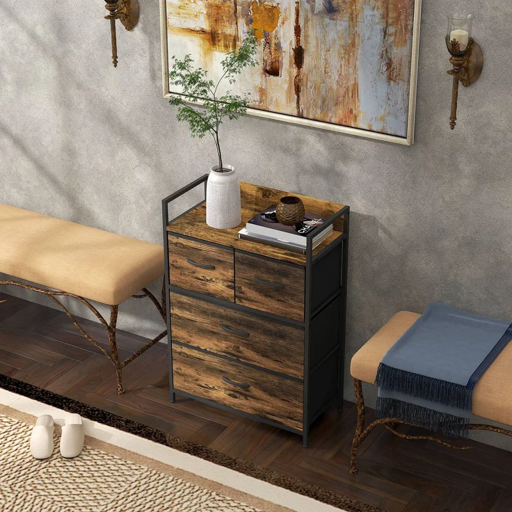 Kommode, Sideboard, 4 Stoffschubladen, Industrial Design, 60x29x85cm, Braun/Schwarz--Rustikal-Braun--60x29x85cm--YOUDENOVA – Bild 4