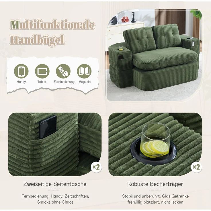 Schlafsessel 2-in-1 in Emerald 165cm×97cm×61cm aus Cord – extratiefe Sitzfläche, hohe Rückenlehne, Getränkehalter – Bild 8