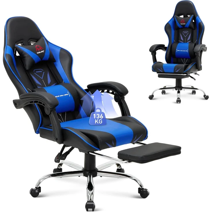 COLAMY Gaming Stuhl, Computer Stuhl mit Fußstütze und Lendenwirbelstütze, höhenverstellbarer Gaming Chair mit 360°-Drehsitz und Kopfstütze, Video Gamer PC Stuhl, Ergonomische hohe Rückenlehne, Blau – Bild 1
