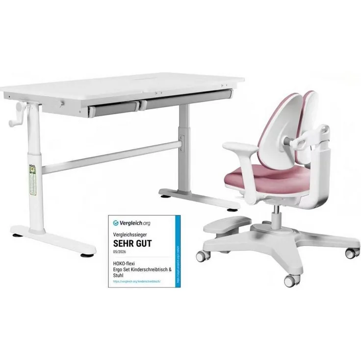 HOKO Kinderschreibtisch höhenverstellbar für Kinderzimmer (Tisch-Stuhl-Set, Kinderstuhl mit abnehmbarer Fußstütze, Schmetterlingslehne und Rollen), 120x60 cm Schreibtisch, für Kinder ab 6 Jahren, Weiß-Rosa, ELIN-ANKE