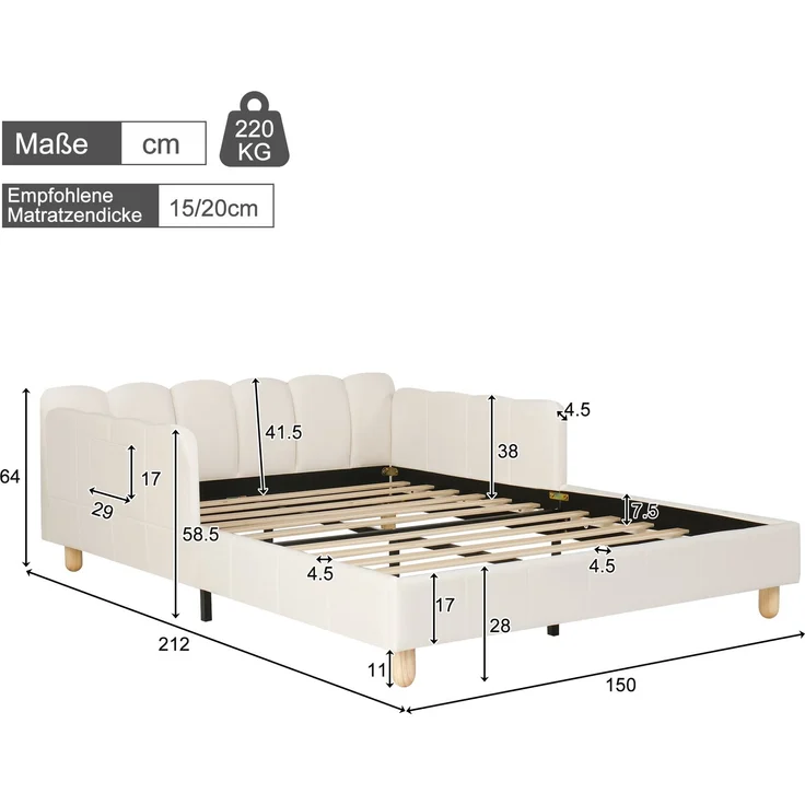 EINHOM Polsterbett, Einzelbett, Kinderbett 140 x 200 cm, Bett mit und Gepolstertes Kopfteil und Rausfallschutz, Bettbeine aus Massivholz, Samt, Beige, (Ohne Matratze) – Bild 9
