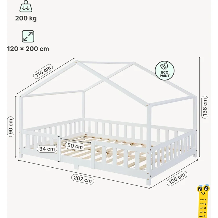 Kinderbett Treviolo 120x200 cm mit Kaltschaummatratze und Gitter Weiß [en. casa] – Bild 2