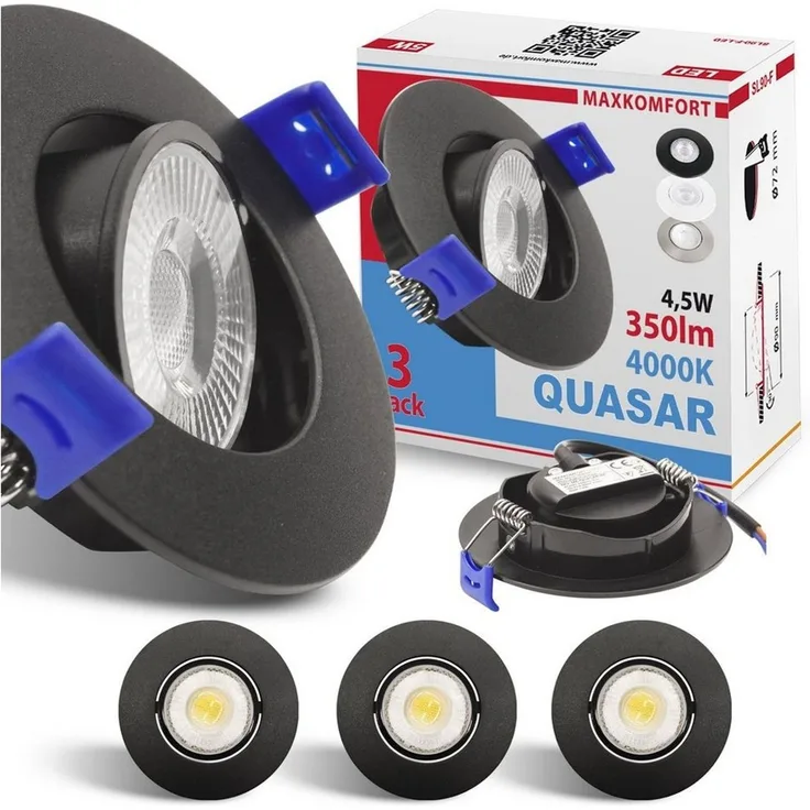Maxkomfort LED Einbaustrahler 3/6/12er Set - schwenkbar & Ultraflach, Neutralweiß 4000K, LED fest integriert, Deckenspots Schwarz/Weiß/Silber - Einbauspots IP20 Ø90mm