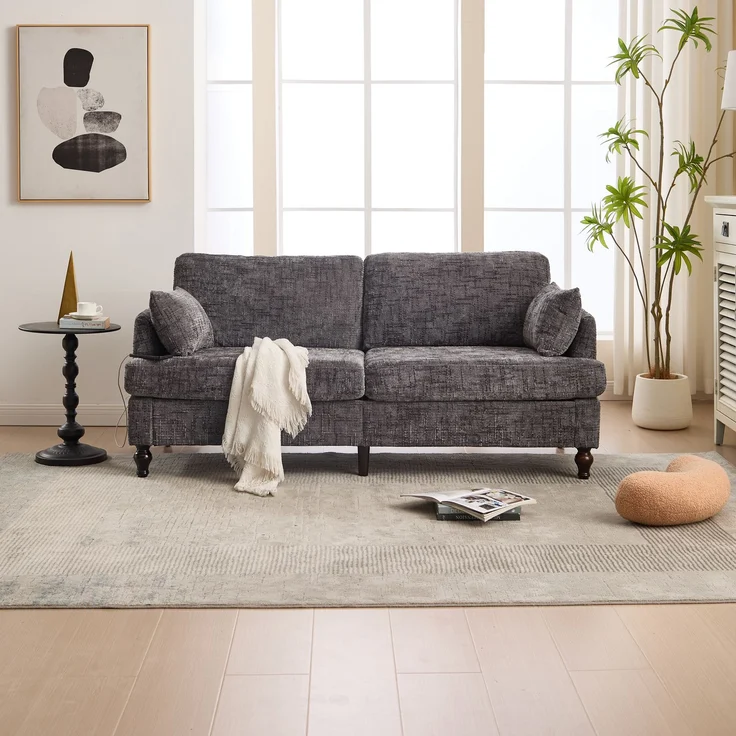 2-sitziges Chenille-Sofa mit USB-Ladeanschluss, LED-Licht und Aufbewahrungstasche in Grau – Bild 4