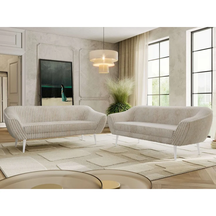 Wohnzimmerset Möbelset PIRS 3-3, Armlehnen, Wellenfederung, weiße Füße, Dreisitzer Sofa, Polstermöbel Set - Hellgrau Velvet – Bild 1