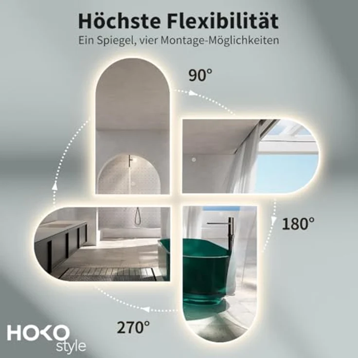 HOKO Badspiegel mit Beleuchtung, LED Wandspiegel 50x90 cm / 60x100 cm, IP44, Schwarz/Gold/Weiß, dimmbar mit Touch-Sensor und Memory-Funktion, hoch- und quer montierbar – Bild 7