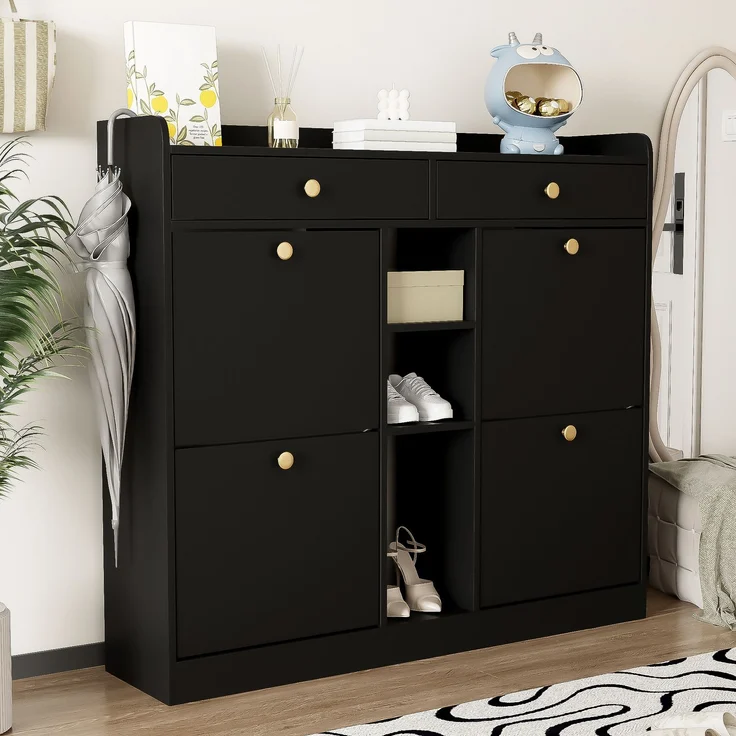 ZUBALIYA Schuhschrank (110 x 26 x 100 cm), 4 Klappfächer und 2 Schubladen, Offener Stauraum, Stauraum für Flur und Eingangsbereich, Schwarz – Bild 9