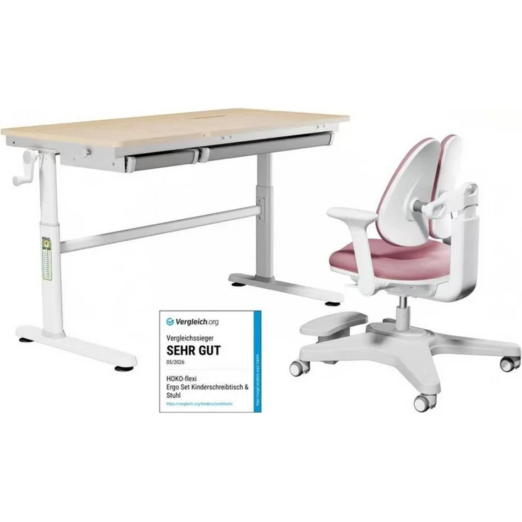 HOKO Kinderschreibtisch höhenverstellbar für Kinderzimmer (Tisch-Stuhl-Set, vielseitig verstellbarer Kinderstuhl, 80x40 cm neigbarer Tischplatte), 120x60 cm Tisch, für Kinder ab 6 Jahren, Holzoptik-Rosa, CELIN & ANKE – Bild 1