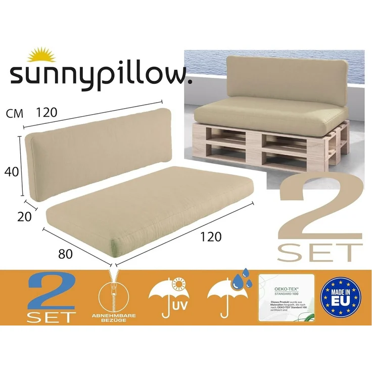 sunnypillow Palettenkissen Boston - Set Palettenauflage mit abnehmbarem Bezug, Indoor / Outdoor, 2er Set Sitzkissen + Rückenkissen – Bild 2