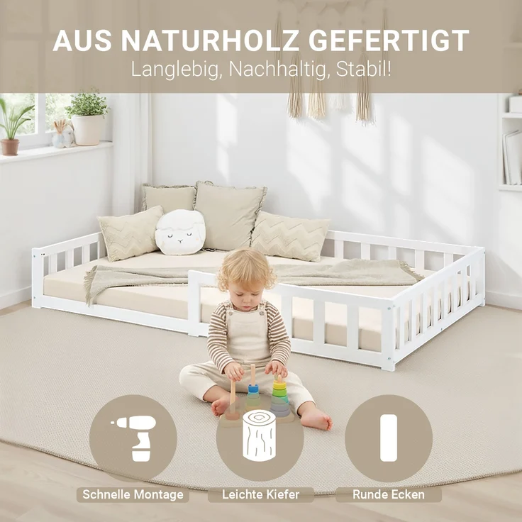 Kinderbett 120x200 Bodenbett mit Rausfallschutz Montessori Bett Kleinkindbett Holz Massiv Weiß Einzelbett Lattenrost Bettgestell – Bild 6