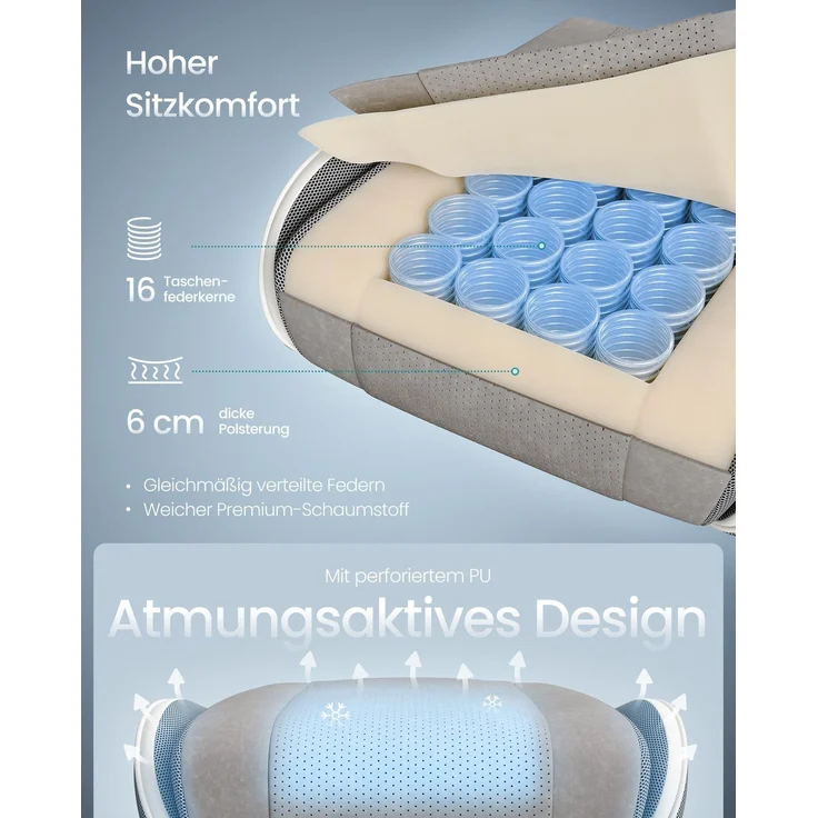 SONGMICS Gaming-Stuhl, Bürostuhl, Schreibtischstuhl, ergonomischer Gaming-Sessel, Sitzkissen mit Federn, Fußstütze, Armlehnen mit Synchronmechanik, taubengrau – Bild 3