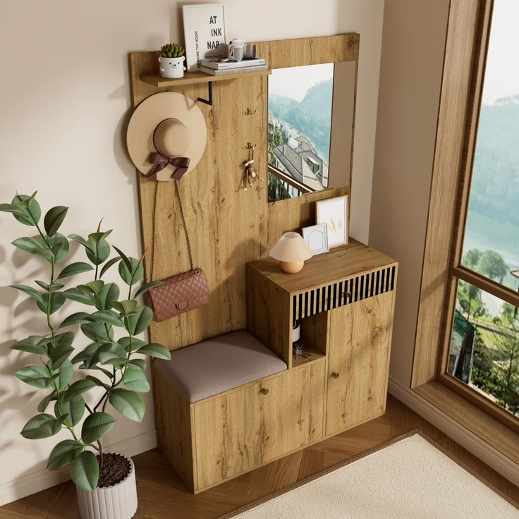 Flurschrank 110x37x185.5cm mit Sitzfläche,Soft-Close,verstellbaren Regalen,Spiegel,Haken,Schubladen,Stauraum,Natur – Bild 7