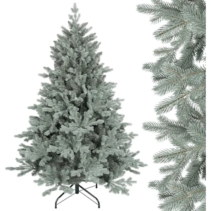 SALCAR 150 cm Künstlicher Weihnachtsbaum aus PE und unsichtbaren PVC-Spitzen, natürliche Blaugrau Tanne, Christbaum mit Schnellaufbau-Klappsystem und Metallständer