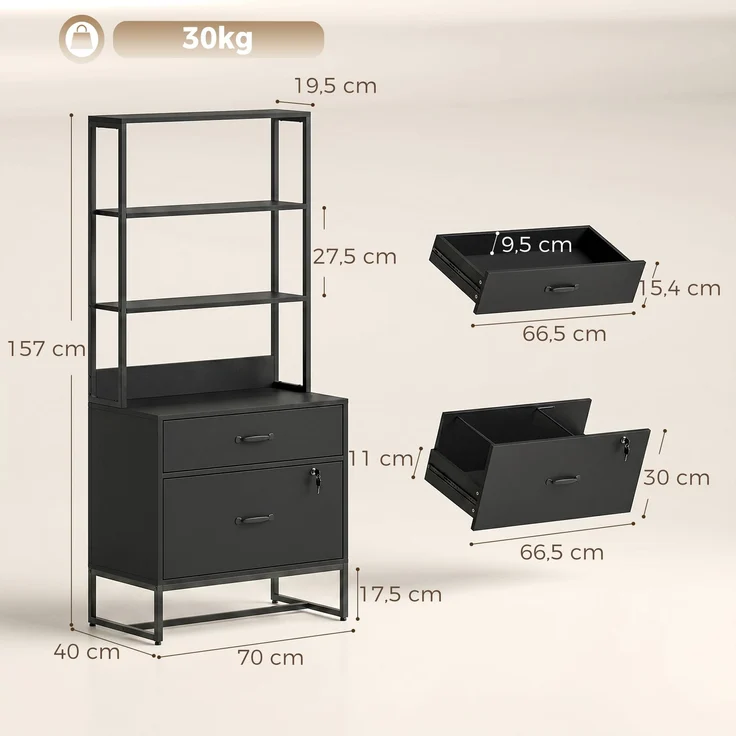 MELAYR, Aktenschrank mit Schubladen, 70 x 40 x 157 cm, Schwarz – Bild 5