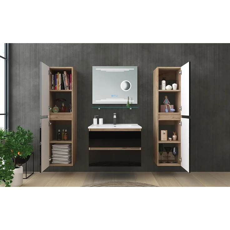 Homeline Badmöbel Set Eiche/Schwarz Kaiser Hochglanz 60 cm Spiegel incl LED (60, 6, 2X Seitenschränke) – Bild 3