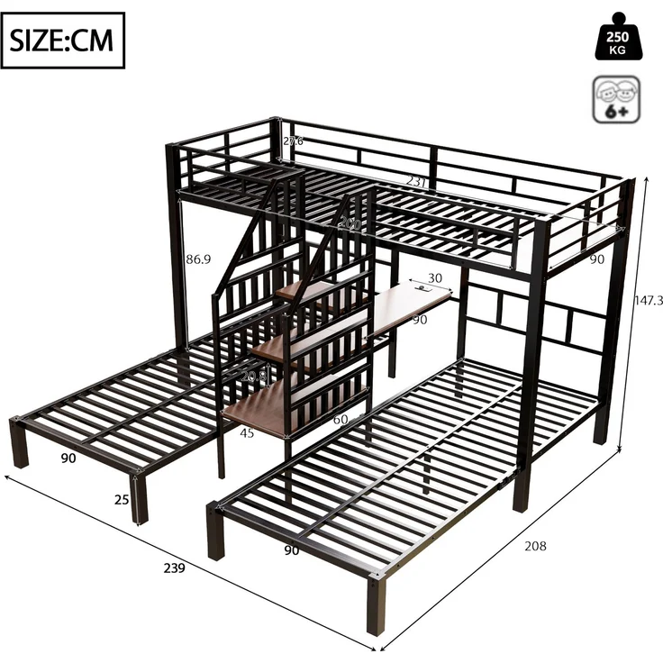 EINHOM Etagenbett, 90 x 200 cm, 3 Betten, mit LED-Lichtleiste, Integrierter Leiter mit Stauraum, mit 2 USB-Anschlüssen + 1 Steckdose, mit Schreibtisch, mit Regal, Schwarz (Ohne Matratze) – Bild 2