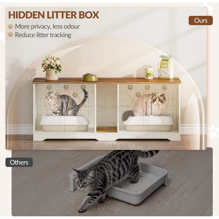 Katzenklo Schrank für 2 Katzen, Katzenklo Versteckt Schrank Möbel, Katzenhaus Holz Beistelltisch mit Kratzmatte, für Wohnzimmer und Schlafzimmer, 140 x 50 x 55 cm, Braun & Weiß – Bild 4