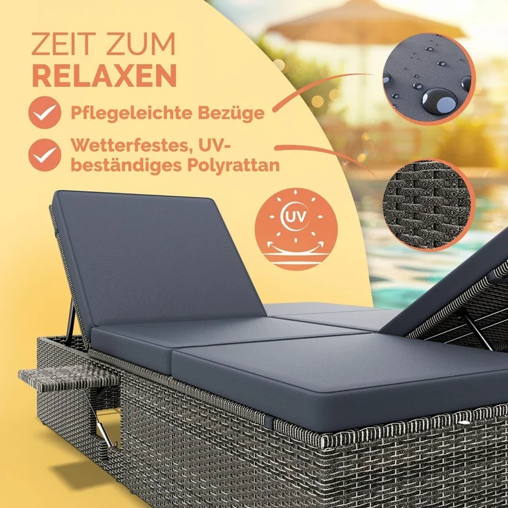Casaria Gartenliege, Doppelliege Klapptisch Wetterfest 7-fach Höhenverstellbar Liegestuhl – Bild 2