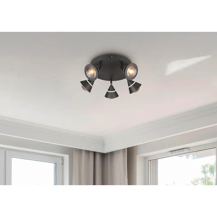 Moderner LED Deckenstrahler ROMEO mit 5 schwenkbaren Spots Schwarz Ø 30cm – Bild 7