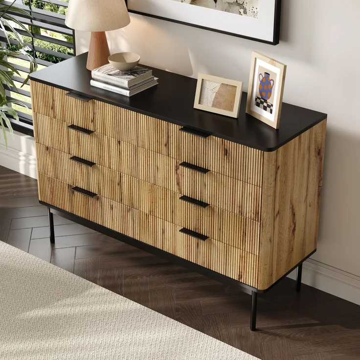 Merax Sideboards, Schränke, Lagerschränke, Kommode, geeignet für Wohnzimmer/Esszimmer/Eingang, 120 x 39,5 x 80cm (B/H/T) Natur und Schwarz – Bild 3
