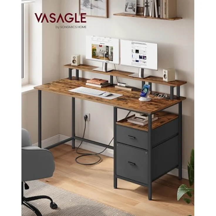 VASAGLE Schreibtisch mit Stoff-Schubladen, Computertisch mit Monitorständer, Bürotisch, 2 AC-Steckdosen, 2 USB-A-Anschlüsse, für Homeoffice, 140x60 cm, vintagebraun LWD094K02V1 – Bild 3