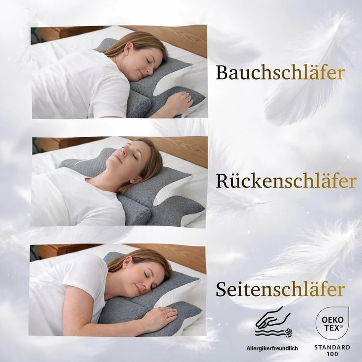 Ergonomisches Nackenstützkissen für Rücken, Seiten & Bauchschläfer - Memory Foam - hautfreundlicher Bambus Bezug - Oeko Tex® zertifiziert - 2in1 Funktion mit abnehmbarer Nackenrolle - 60x38 cm – Bild 3