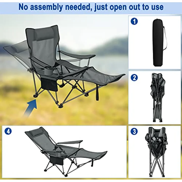 eSituro Faltstuhl Klappstuhl Campingstuhl klappbar, 2er Set, bis 150 kg, Angelstuhl Anglersessel faltbar, Campingliege mit Getränkehalter & Tragetasche, Grau – Bild 8