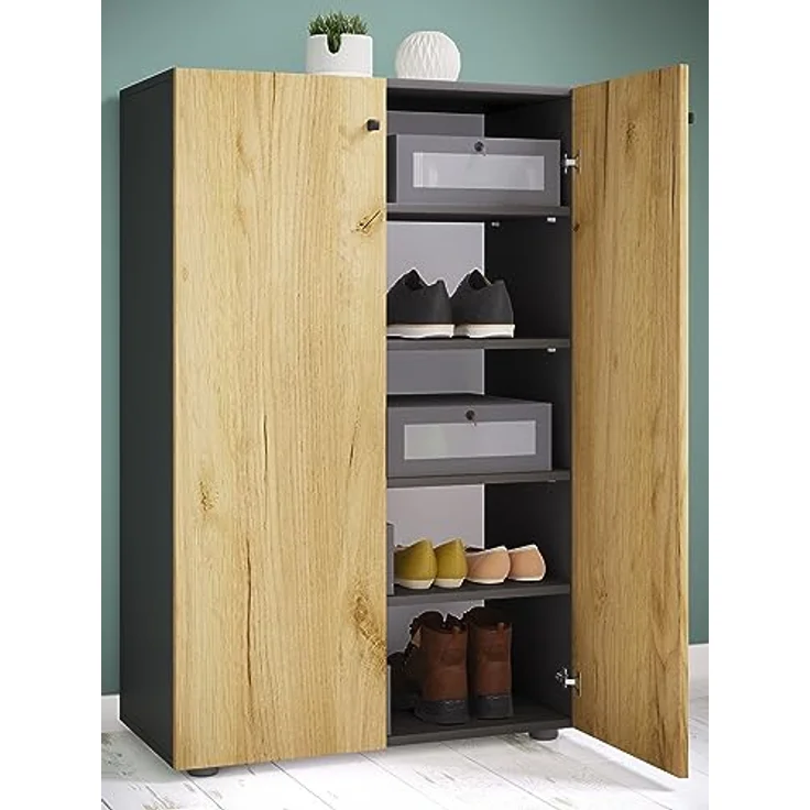 MID.YOU Schuhschrank Lona, 4 Fächer, Anthrazit und Honigeiche, stehend, 70x110x39 cm, Kunststoff – Bild 2