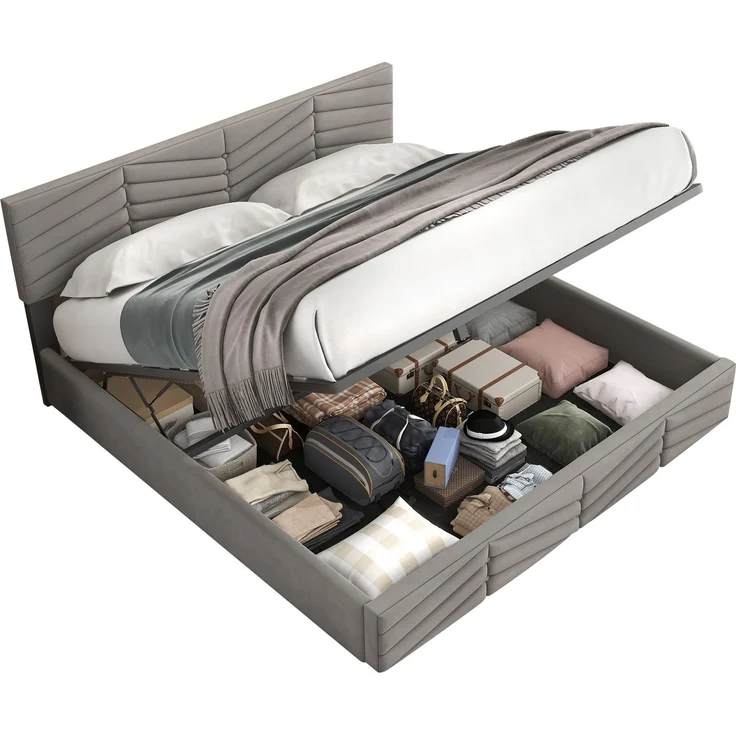 Novelux Polsterbett 140x200 mit Stauraum & höhenverstellbarem Kopfteil – Samt Grau, hydraulisches Doppelbett mit Lattenrost, ohne Matratze – Bild 7