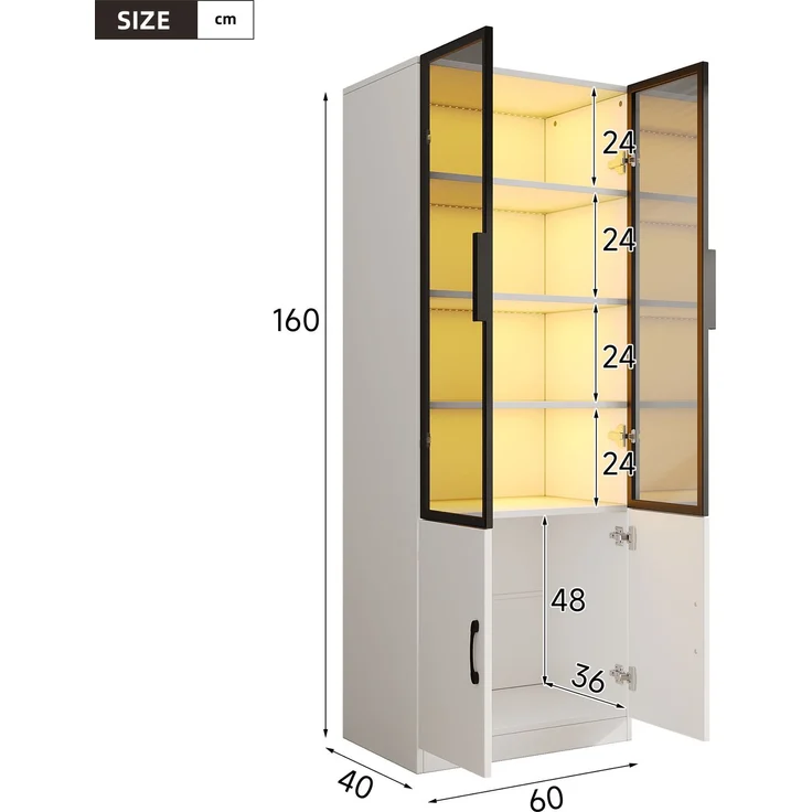 ZUBALIYA 60×40×160 cm große Vitrine mit LED-Beleuchtung – Vitrine aus Rauchglas mit Aluminiumrahmen und zwei Türen im unteren Bereich, Bücherregal, Vitrine,Sideboard – Bild 6