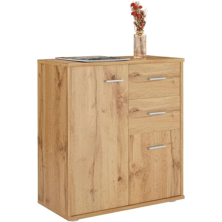 CARO-Möbel Kommode Locarno mit 2 Türen und Schubladen, modernes Highboard Bürokommode in Wotan Eiche