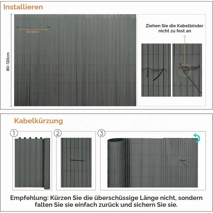 Sekey PVC Sichtschutzmatte 100x300m Doppelte Verstärkung Innen, Balkon Sichtschutz mit Kabelbindern, Sichtschutzzaun Windschutz Wasserdicht ohne Bohren für Balkon Garten, Grau – Bild 6
