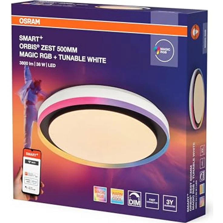 Osram SMART + WIFI LED Deckenleuchte, weiß/schwarz, 32W, 3400lm, Weißlichtfunktion, dimmbar, dynamischer Magic-RGB Lichteffekt, lange Lebensdauer, einfache Montage, App-steuerbar, 2700-6500K – Bild 4